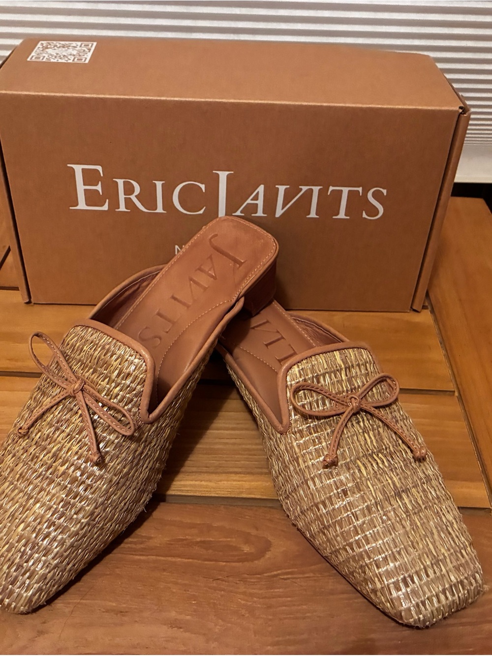 Eric Javits Tan Woven Mules with Bow Accent